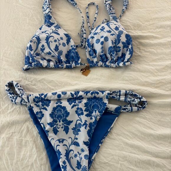 SHEIN Blue White Gold Matching Bikini 2 Piece Swimwear Bikini Summer Medium Set - Picture 1 of 2